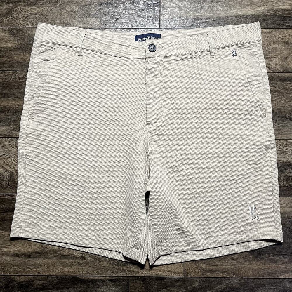 Psycho Bunny Shiro Knit Honeycomb Golf Shorts Mens 38 Beige Lightweight 9" EUC